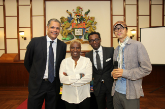 HKU Dean of Arts Professor Collins, African Studies Programme Director Dr Facil Tesfaye and Assistant Director of the General Education Unit Dr Wong Chi Chung with Angelique Kidjo