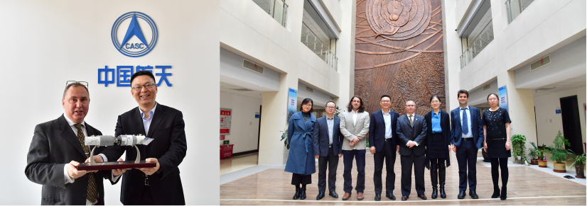 左：香港大學太空研究實驗室總監Parker教授和北京空間力學與電力研究所總監；
右：港大太空研究實驗室參觀北京空間力學與電力研究所時留影。