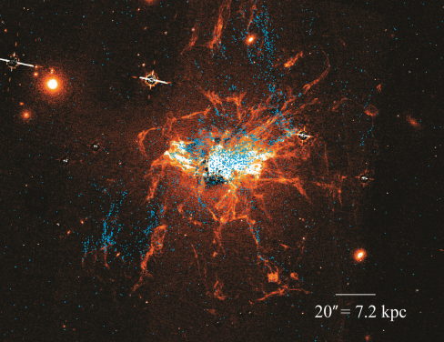 Young globular clusters (ages up to 1 billion years) are indicated by the blue dots.  These globular clusters are closely associated with a filamentary network of cool gas, colored orange to white, which extends to the outer reaches of the giant galaxy at the center of the Perseus galaxy cluster.  Round or oval objects, also colored orange to white, are smaller galaxies that are part of the same galaxy cluster.